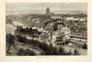 1874 Wood Engraving Bern Switzerland Europe Cityscape River Aare Swiss YTG9