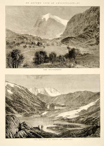 1874 Wood Engraving Art Wetterhorn Switzerland Great St Bernard Hospice YTGA1