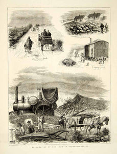 1874 Wood Engraving Art Steam Plow Farm Machine Sutherland Shire Australia YTGA1
