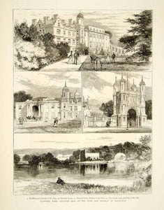 1874 Wood Engraving Joseph Nash Art Eastwell Park Manor House Towers UK YTGA1