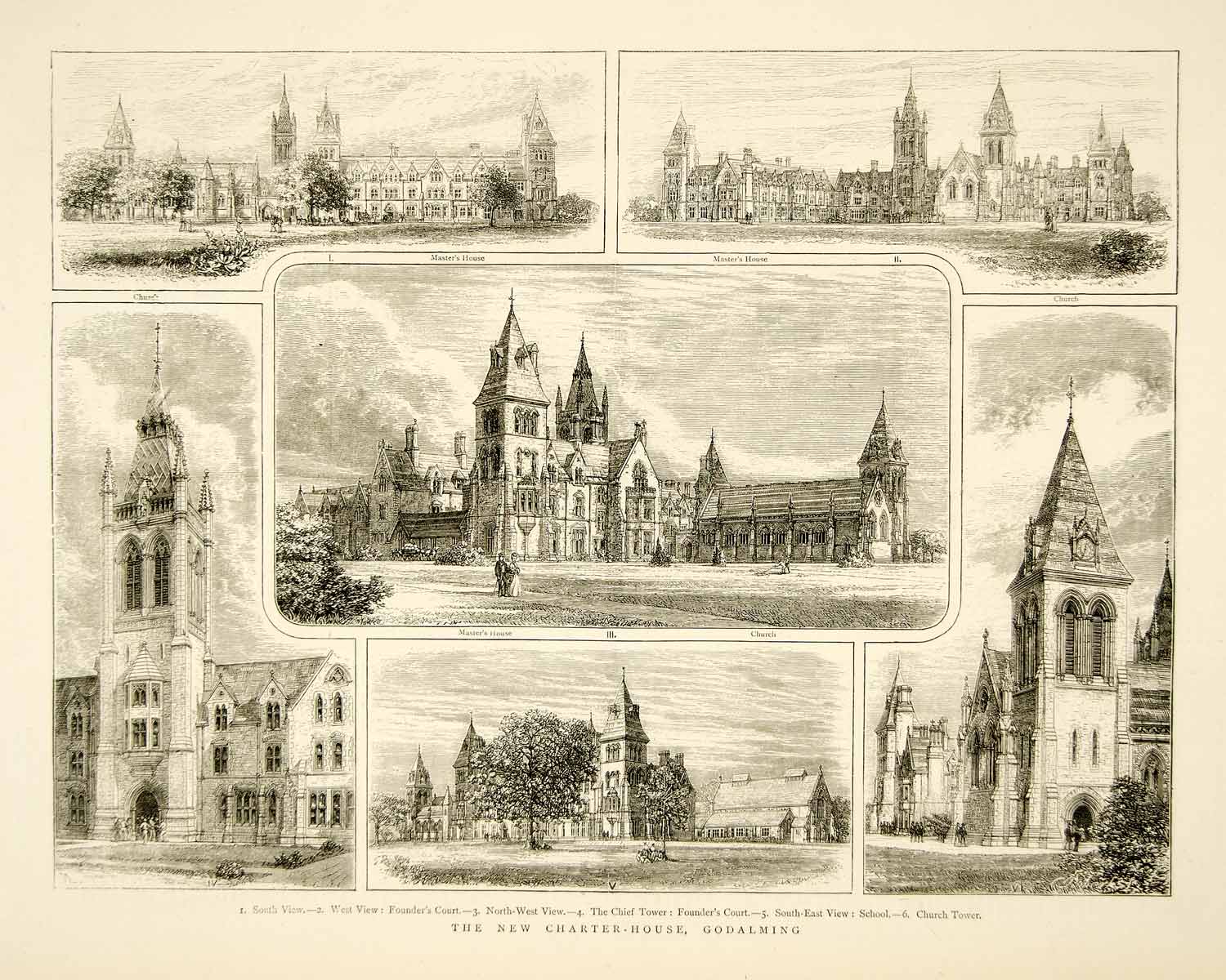 1874 Wood Engraving Art Charterhouse School Godalming Surrey England UK YTGA1