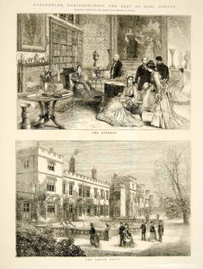 1874 Wood Engraving Art Panshanger House Library Estate Hertfordshire UK YTGA1
