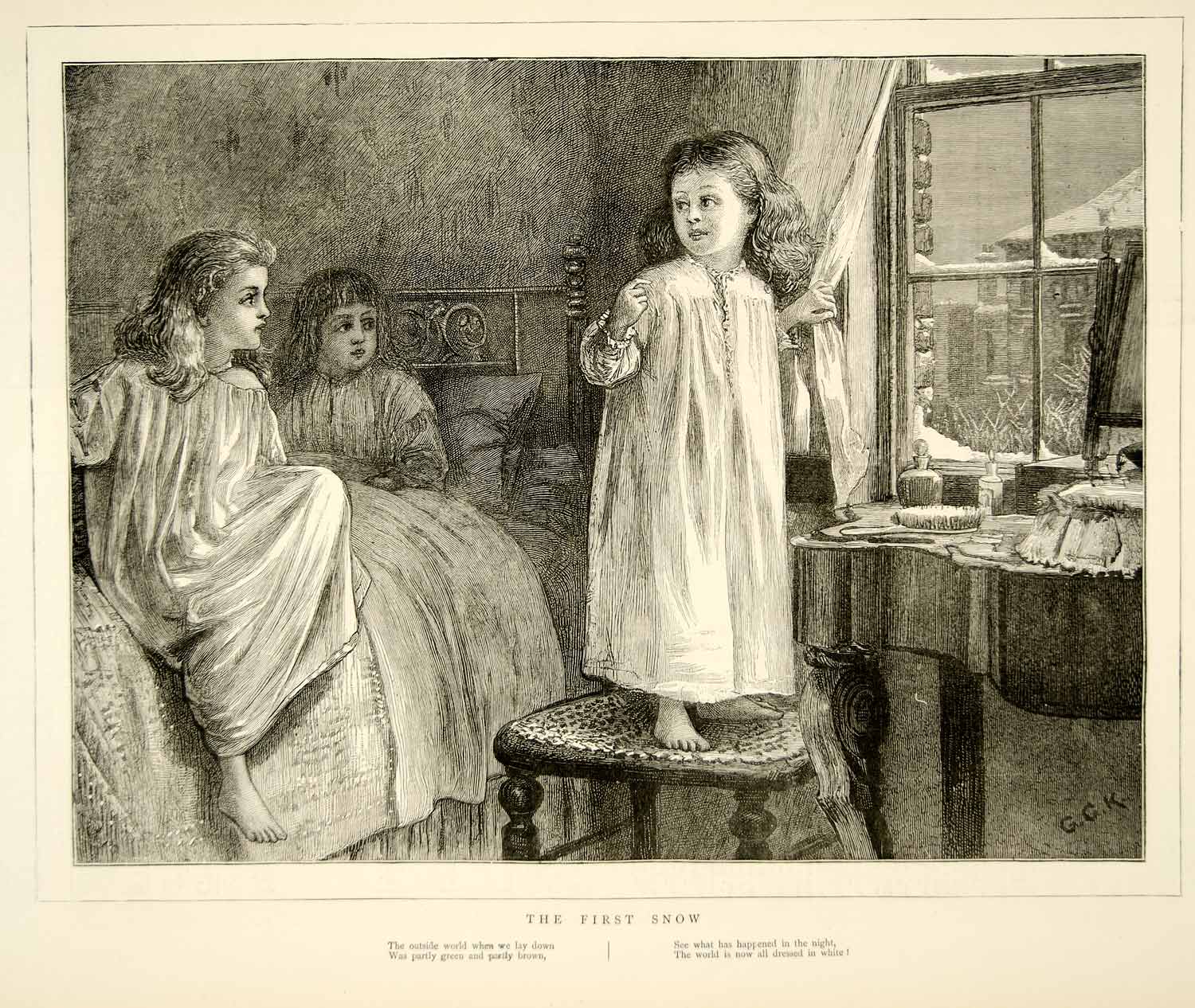 1874 Wood Engraving George G Kilburne Art First Snow Children Victorian YTGA1