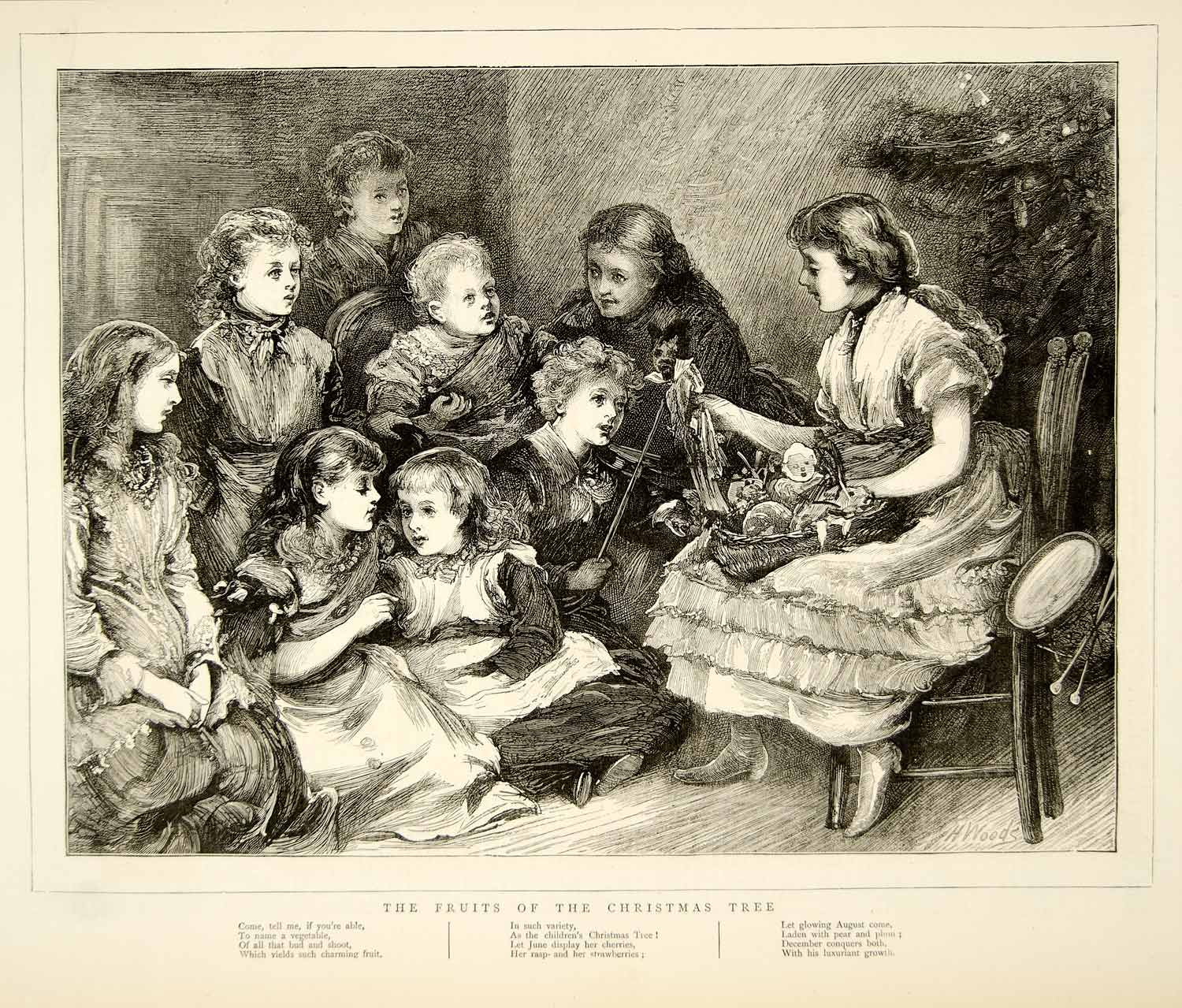 1874 Wood Engraving Henry Woods Art Fruits Christmas Tree Children Holiday YTGA1