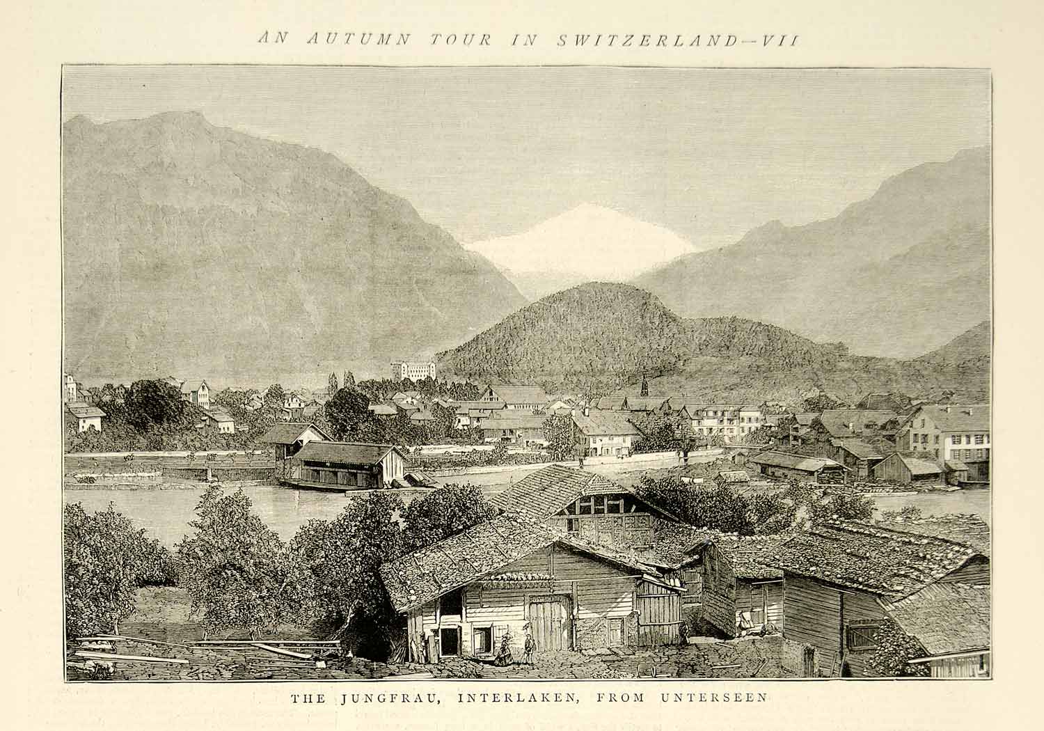 1874 Wood Engraving Sydney P Hall Art Jungfrau Bernese Alps Switzerland YTGA1