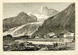 1874 Wood Engraving Art Mer de Glace Aiguille du Dru Alps Chamonix France YTGA1