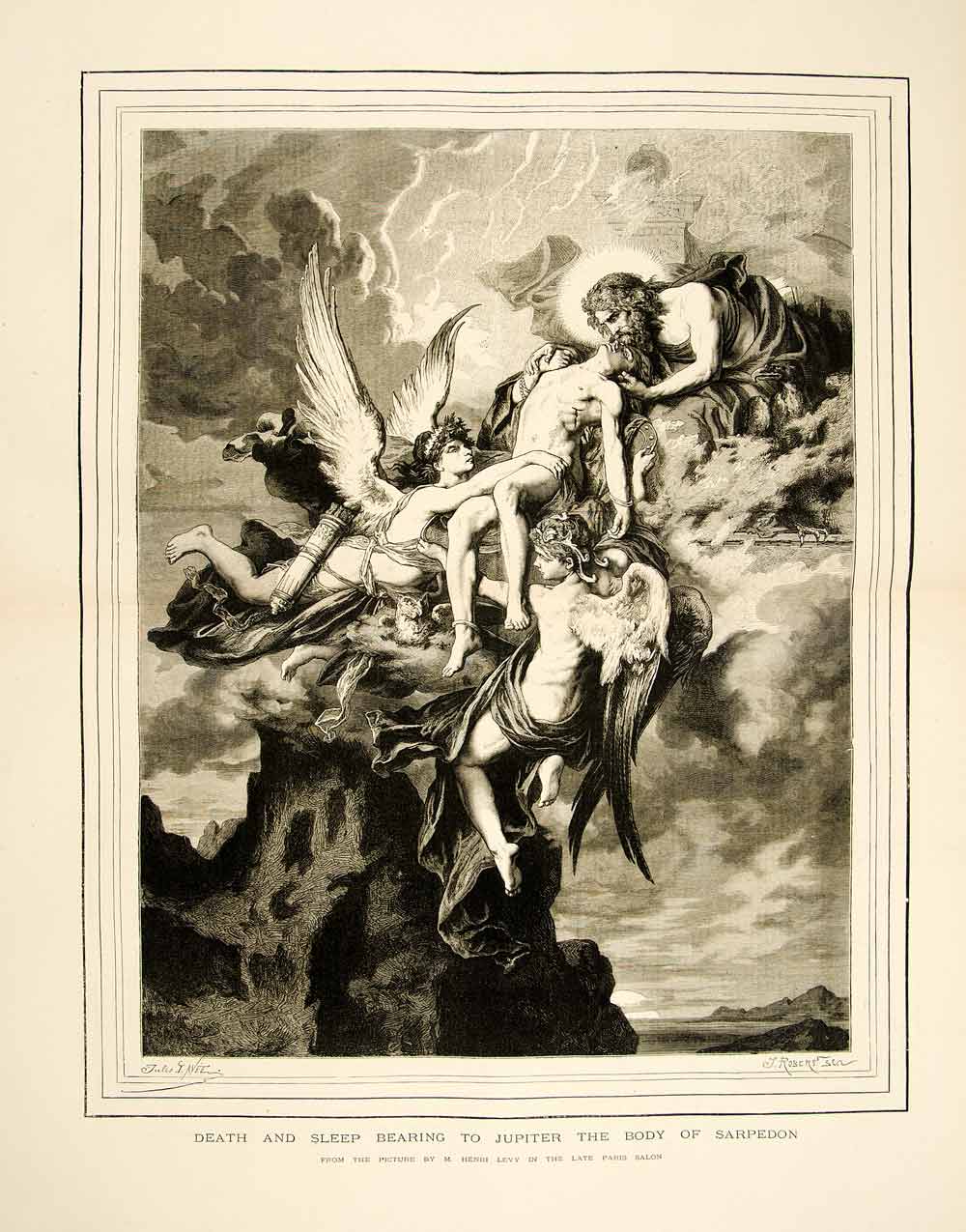 1874 Wood Engraving Henri Levy Art Death Sleep Jupiter Sarpedon Mythology YTGA1