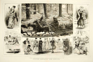 1874 Wood Engraving William J Hennessy Art Sleighing New England Christmas YTGA1
