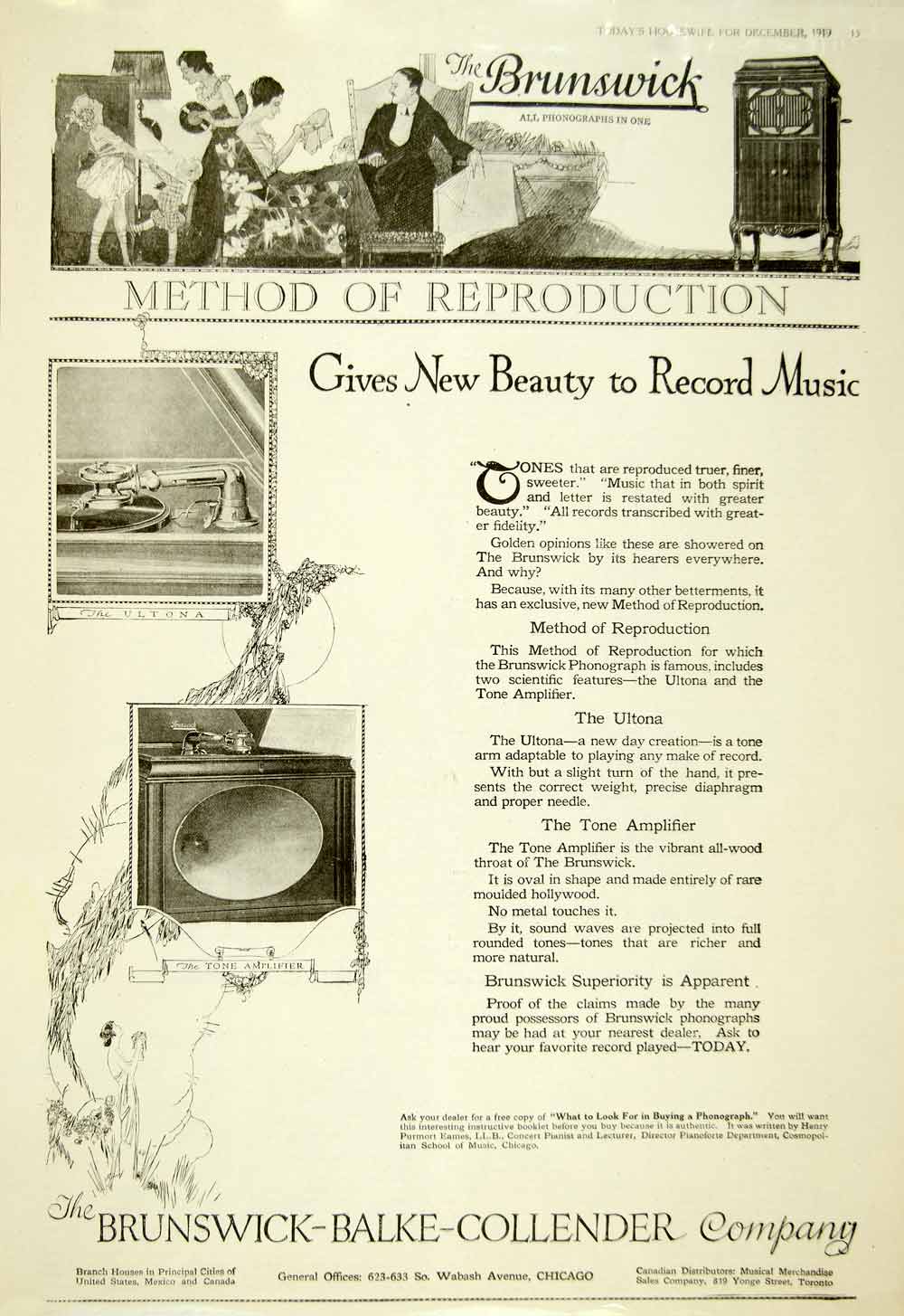 1919 Ad Vintage Phonograph Brunswick Balke Collender Record Music Cabinet YTH1
