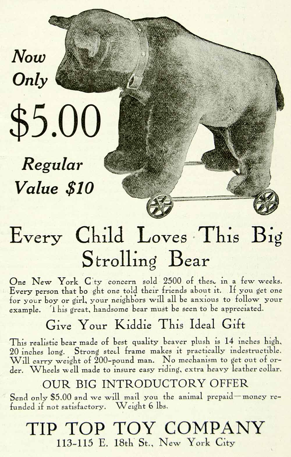 1921 Ad Vintage Big Strolling Bear Riding Ride On Toy Tip Top Children Play YTH1