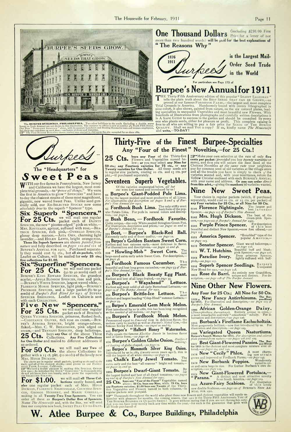1911 Ad W Atlee Burpee Philadelphia PA Vegetable Seed Agriculture Building YTH2
