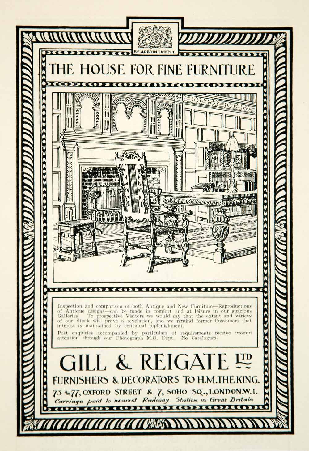 1926 Ad Gill Reigate Furnishing Decorator H. M. King London Furniture Home YTL1
