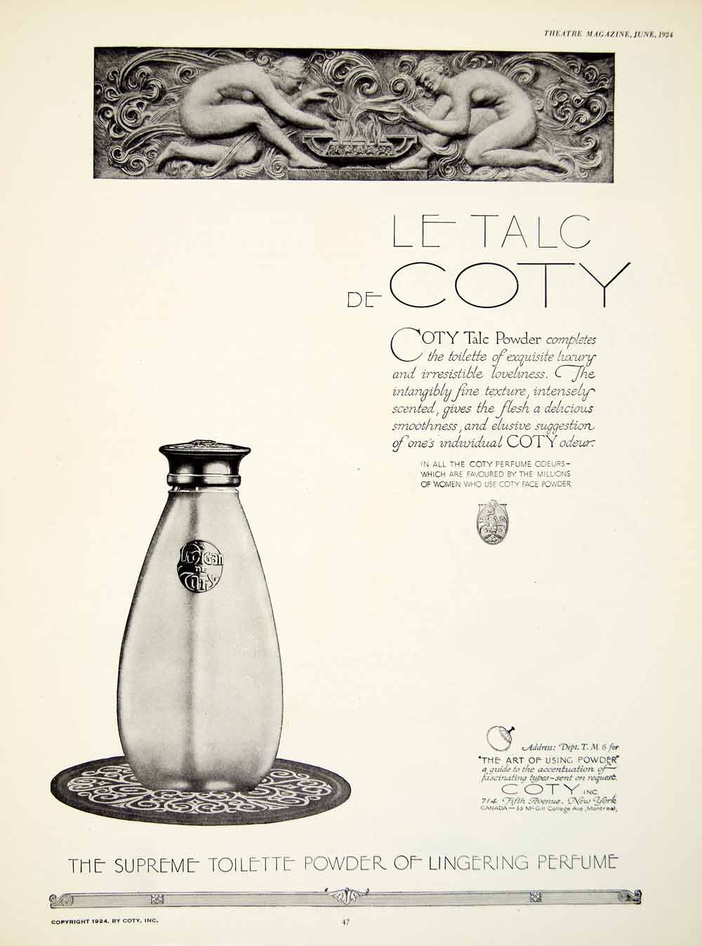 1924 Ad Talc Powder Coty New York Perfume Toilette Sculpture Bas Relief YTM1