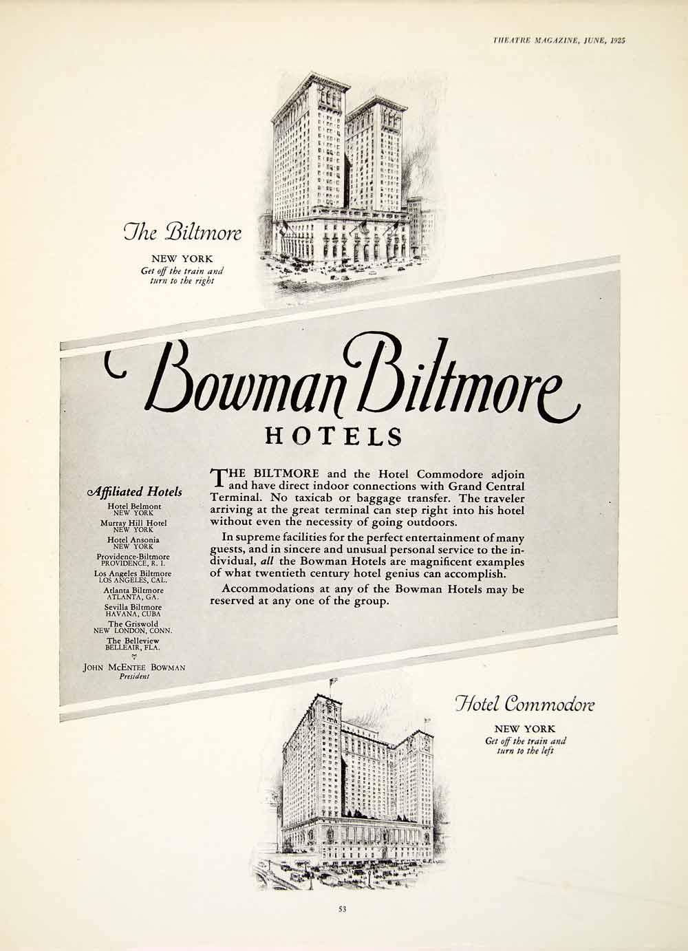 1924 Ad John McEntee Bowman Biltmore Hotel New York Commodore Architecture YTM1