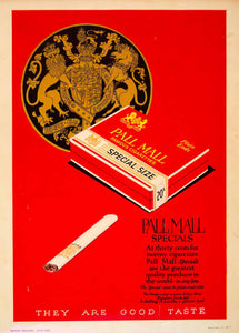 1925 Ad Paul Mall Cigarettes Specials Lion Unicorn Tobacco Brett Litho New YTM1