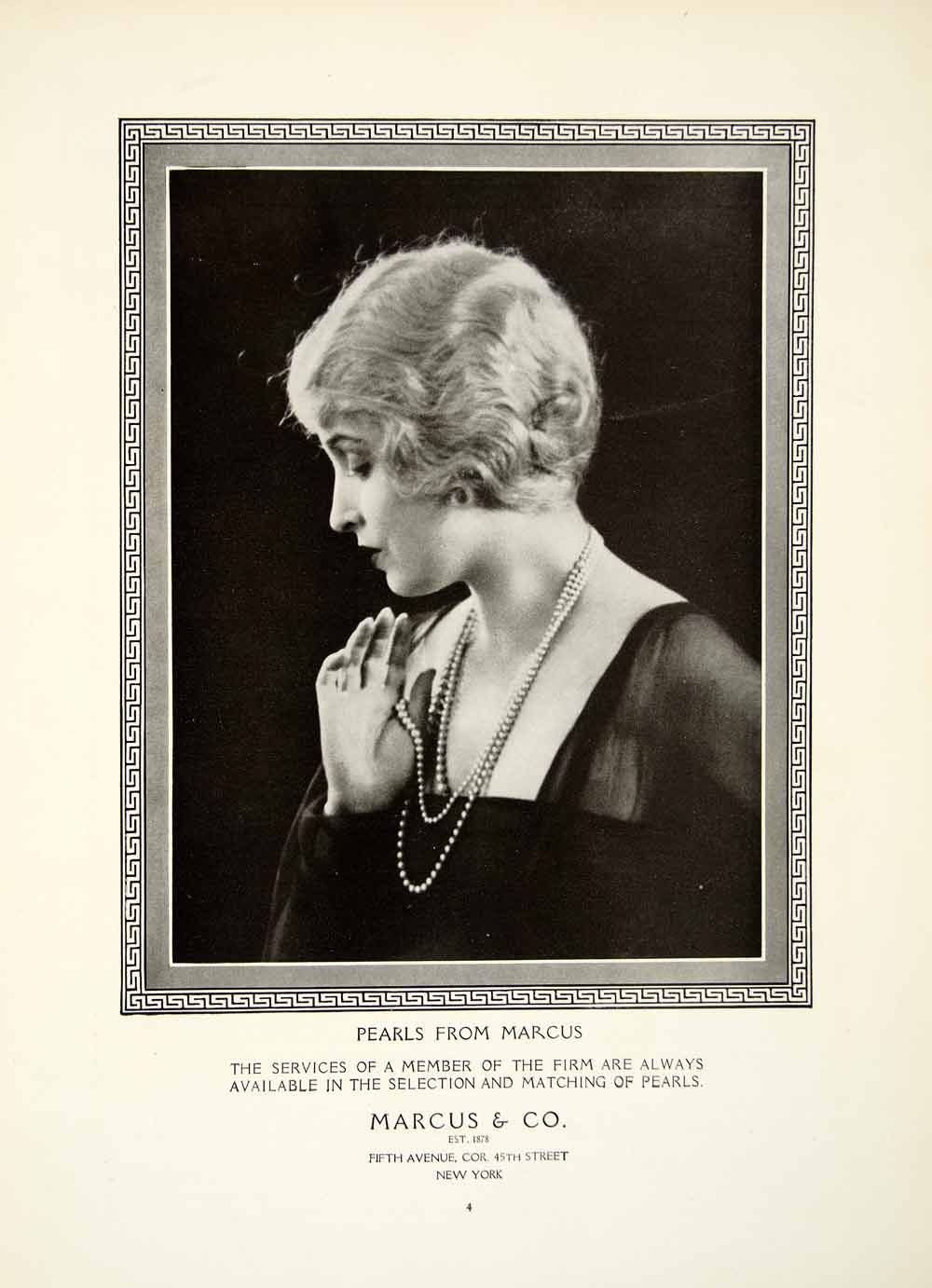 1925 Ad Portrait Woman Marcus Pearls Necklace Jewelry New York Border YTM1