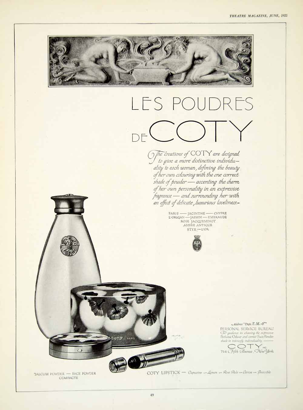 1925 Ad Les Poudres Coty Perfume Lipstick Talcum Powder Beauty Make Up YTM1