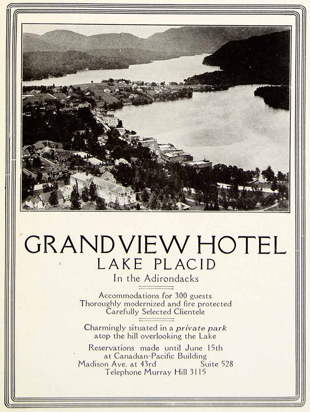 1925 Ad Grandview Hotel Lake Placid Adirondacks Canadian Pacific Madison YTM1