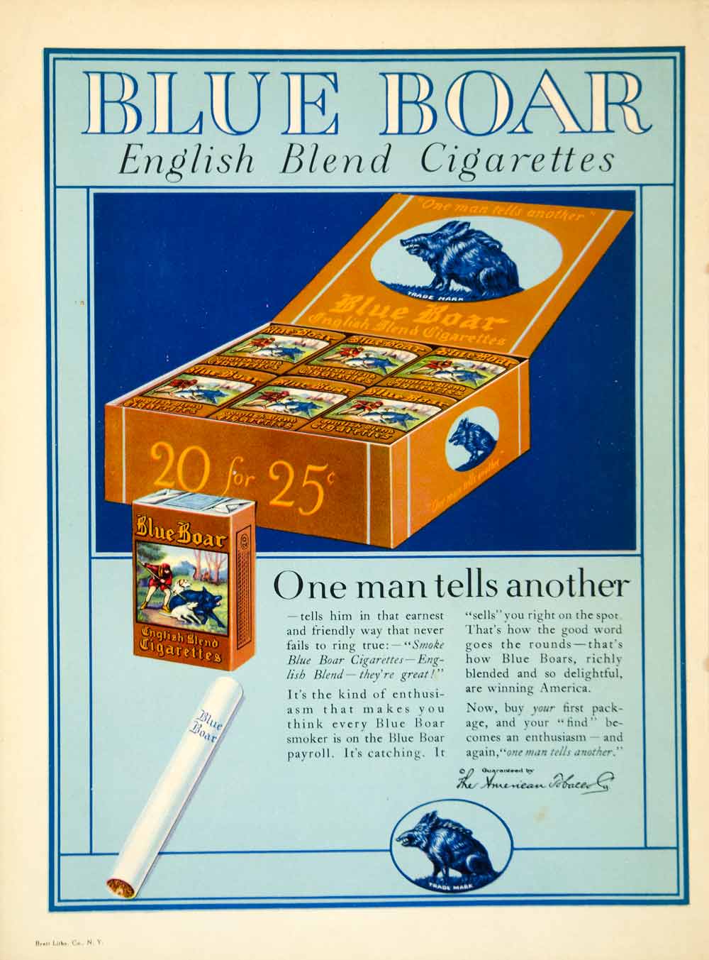 1923 Ad Blue Boar English Blend Cigarettes Tobacco Smoke Animal Carton Case YTM2