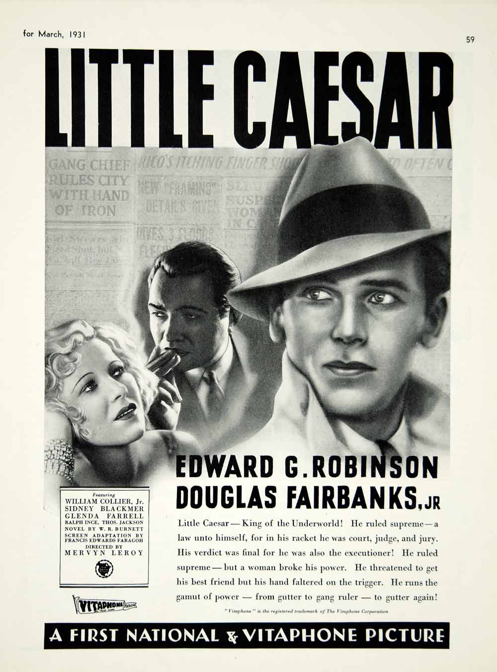 1931 Ad Little Caesar Movie Film Cinema Actors Edward Robinson Douglas YTM2