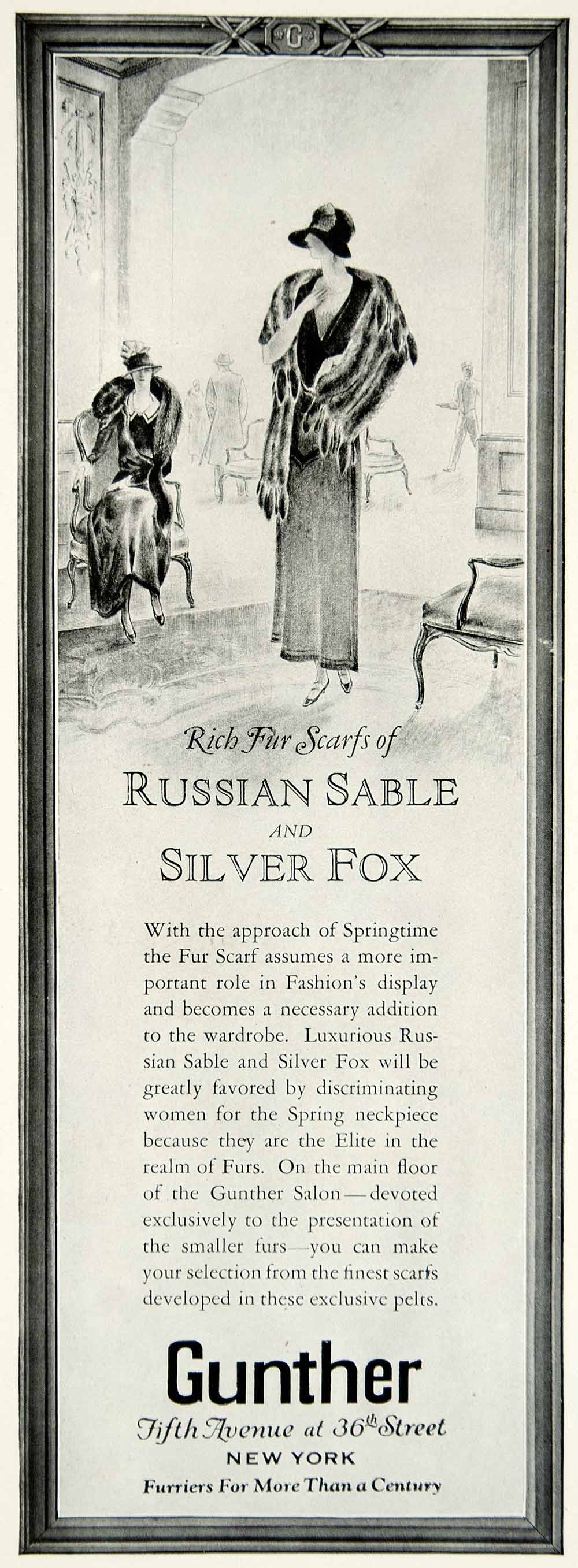 1924 Ad Silver Fox Russian Sable Rich Fur Scarves Gunther New York Fashion YTM2