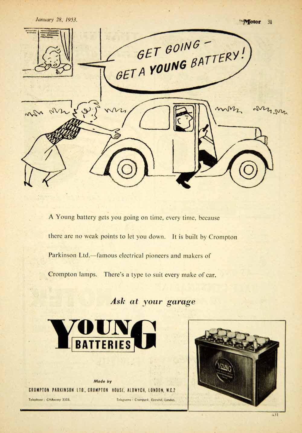 1953 Ad Crompton Parkinson Young Car Battery Automobile Parts Cartoon Art YTM5
