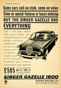 1962 Ad Rootes Motors Singer Gazelle 1600 4 Door Saloon Classic Car YTM5