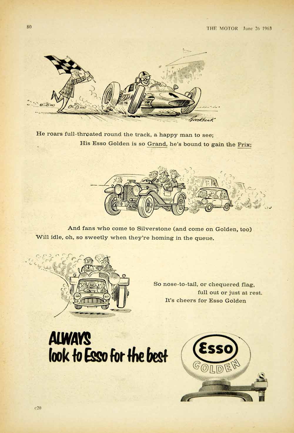 1963 Ad Esso Golden Russell Brockbank Cartoon Art Oil Fuel Petroleum Auto YTM5