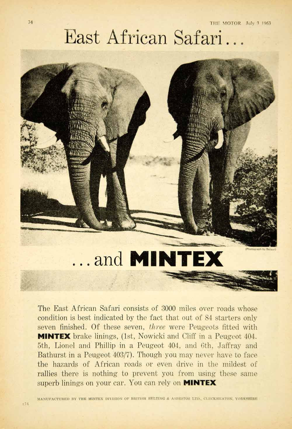 1963 Ad Mintex Brake Linings Car Automobile Part African Safari Elephants YTM5