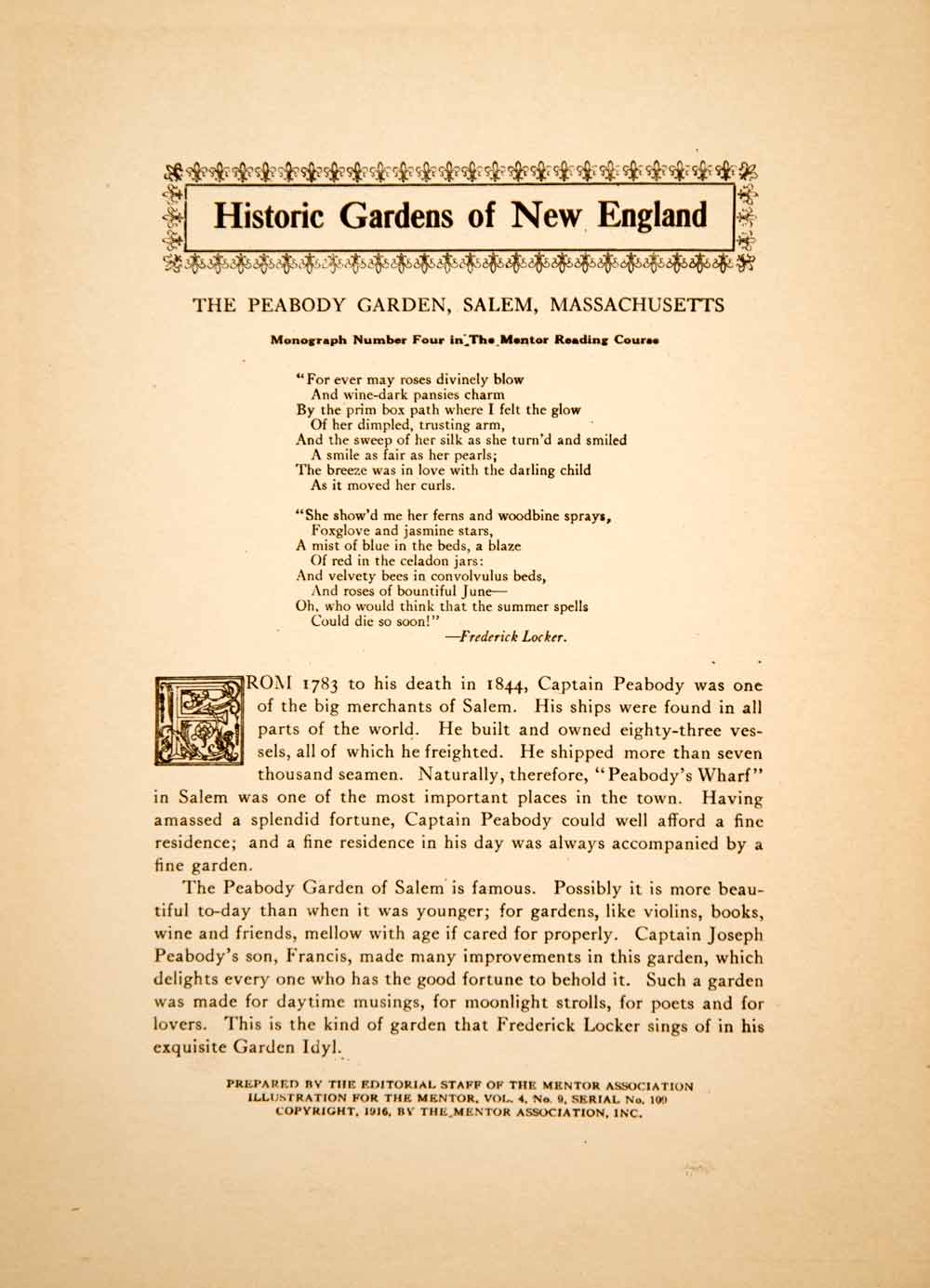 1916 Photogravure Captain Joseph Peabody Garden House Salem Massachusetts YTMM1