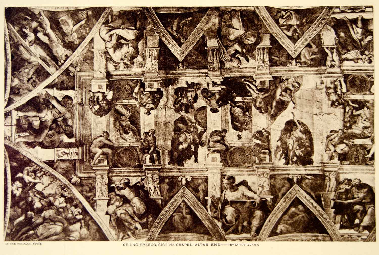 1920 Photogravure Sistine Chapel Ceiling Fresco Michelangelo Vatican Art YTTM3
