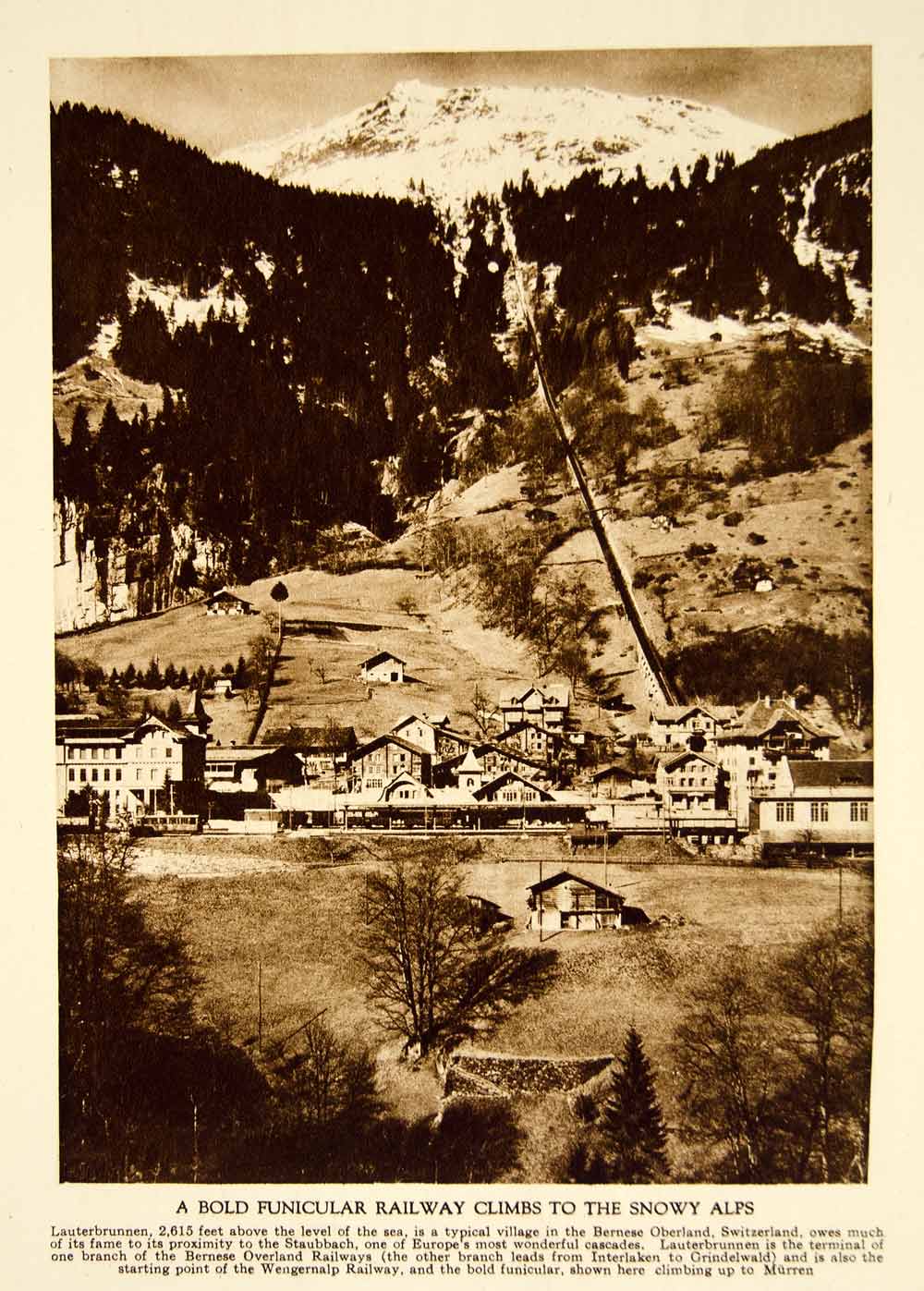 1922 Photogravure Funicular Railway Lauterbrunnen Village Switzerland Alps YTMM4