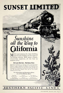 1926 Ad Sunset Limited Train Locomotive Southern Pacific Lines California YTMM5 - Period Paper
