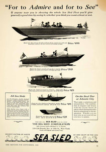 1929 Ad Vintage Boats Sea Sled Corporation Models Watercraft Cruiser Price YTMM5