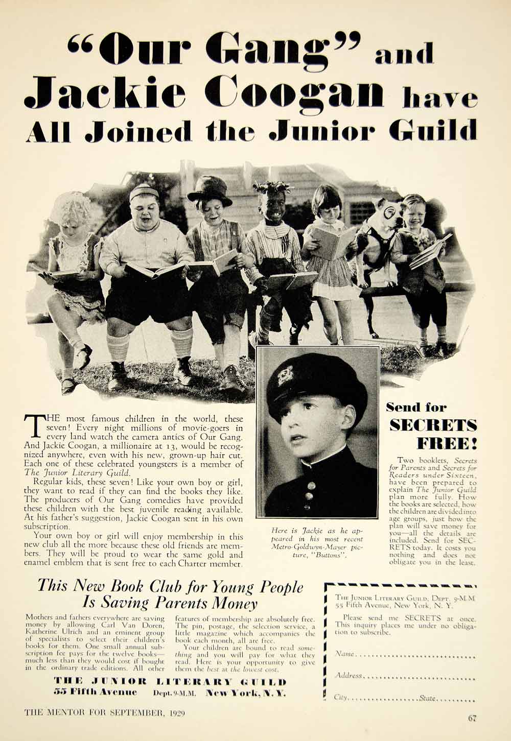 1929 Ad Our Gang Jackie Coogan Child Actor Junior Literary Guild Book Club YTMM5