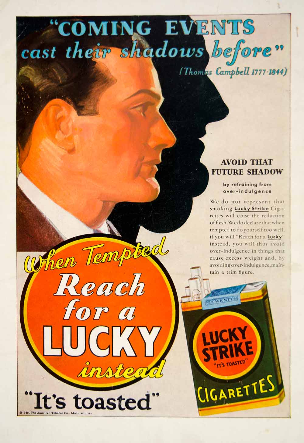 1930 Ad Vintage Lucky Strike Cigarettes Toasted Thomas Campbell Quotation YTMM5