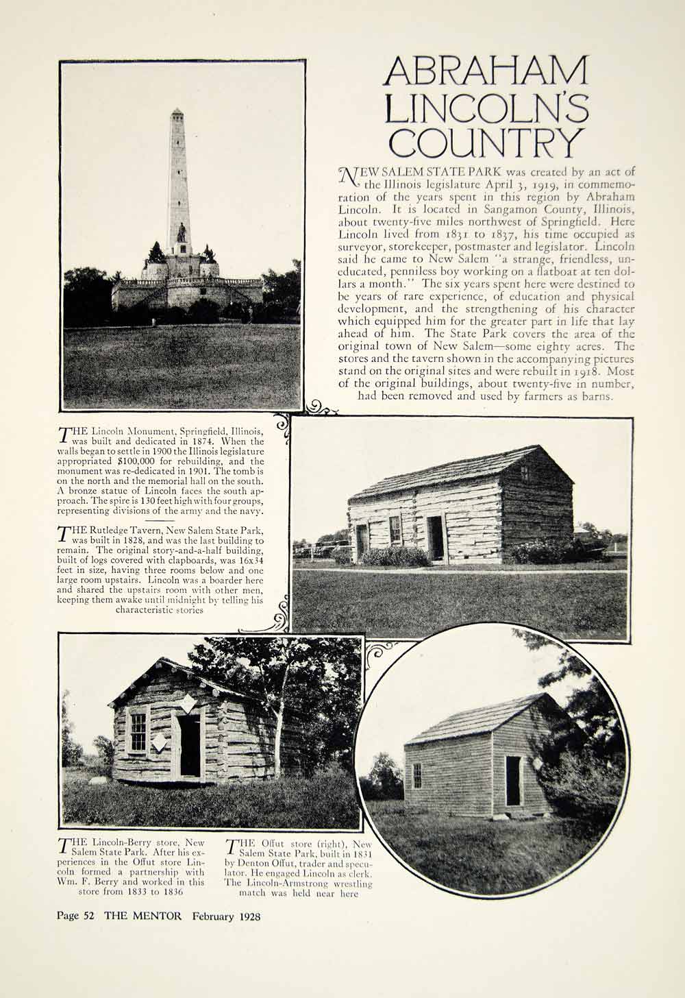1928 Article Abraham Lincoln New Salem State Park IL Historic Landmarks YTMM5