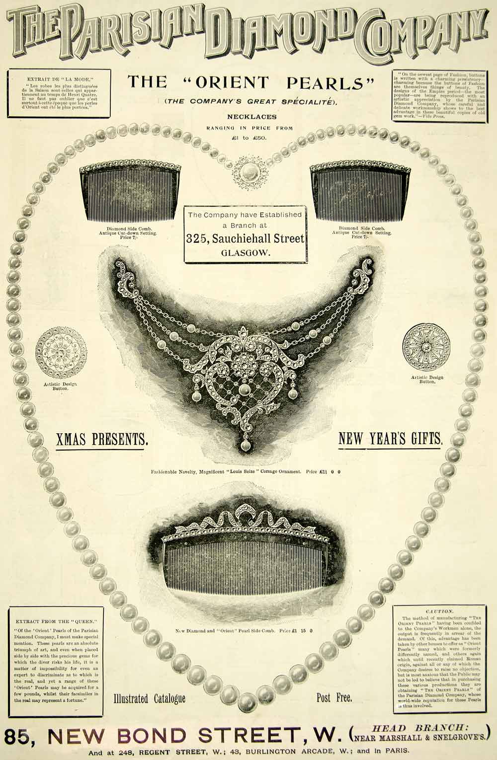 1895 Ad Antique Victorian Jewelry Orient Pearls Necklace Hair Combs Buttons YTQ1