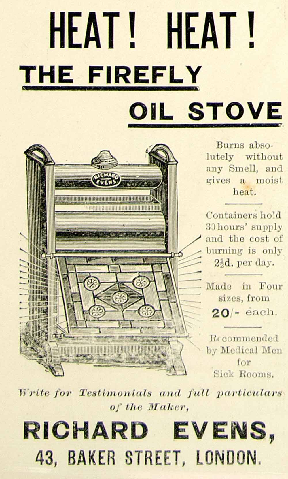 1895 Ad Antique Firefly Oil Stove Victorian Heater Heating Richard Evens YTQ1
