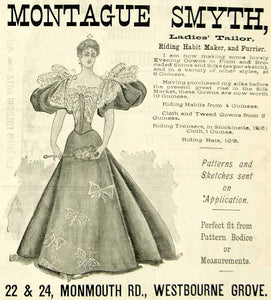 1895 Ad Antique Victorian Lady Fashion Evening Gown Montague Smyth Tailor YTQ1