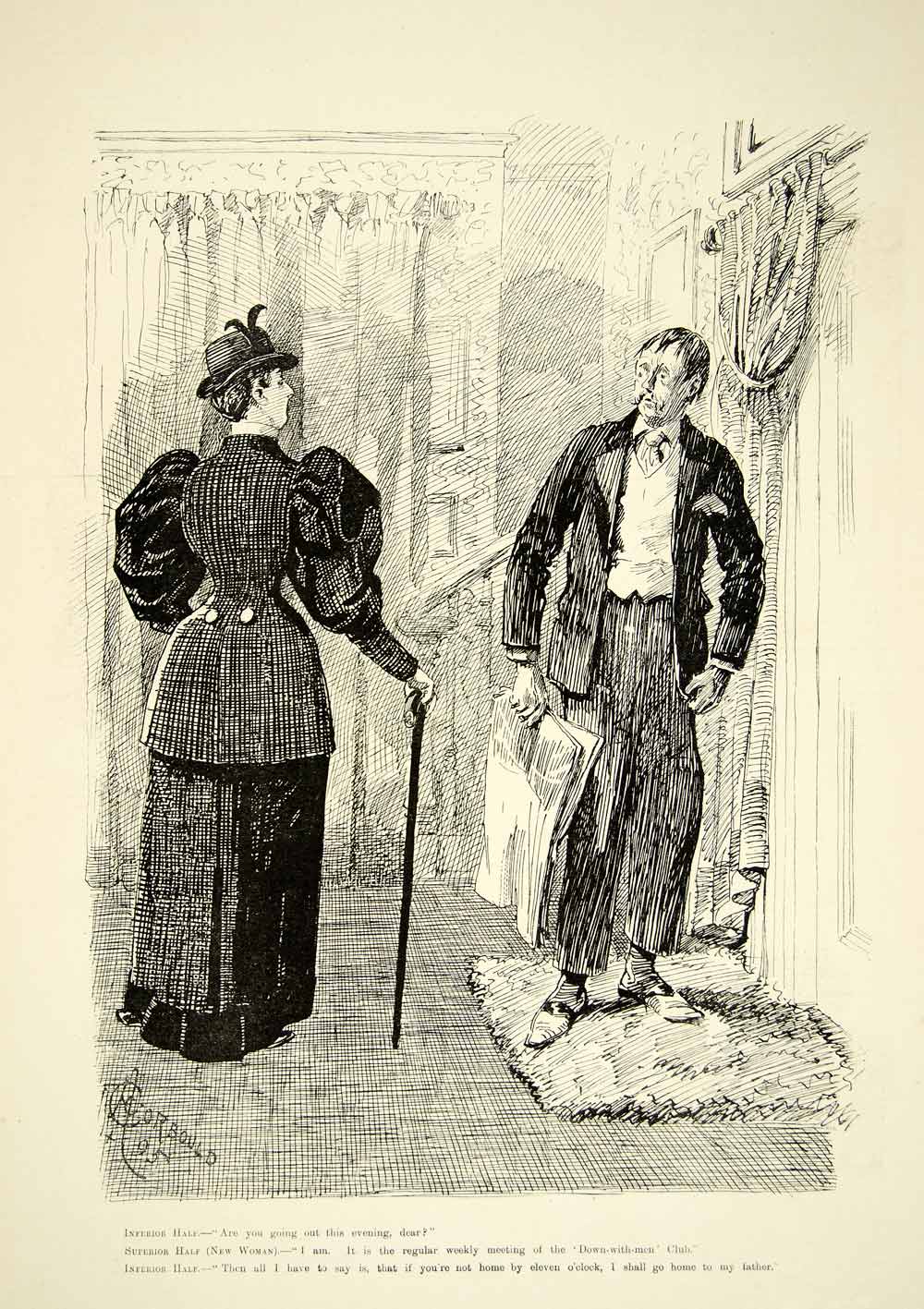 1895 Print Cartoon Victorian Lady Liberated Woman Husband Down with Men YTQ1