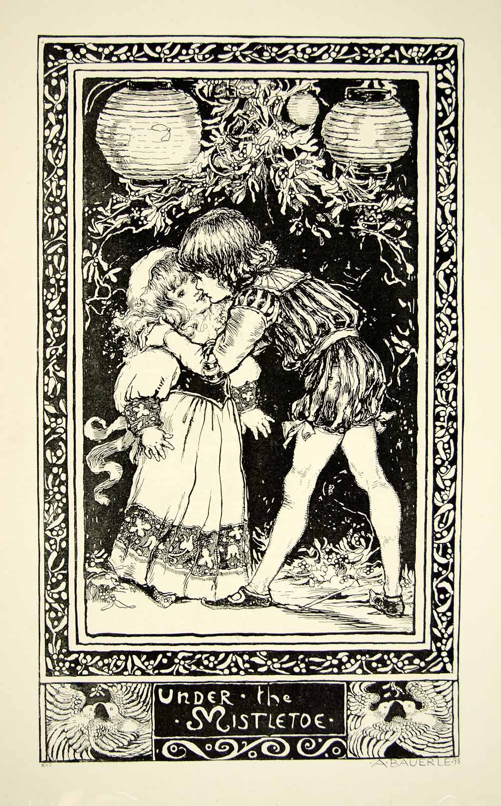 1895 Print Victorian Children Kiss Mistletoe Christmas Lanterns Amelia YTQ1