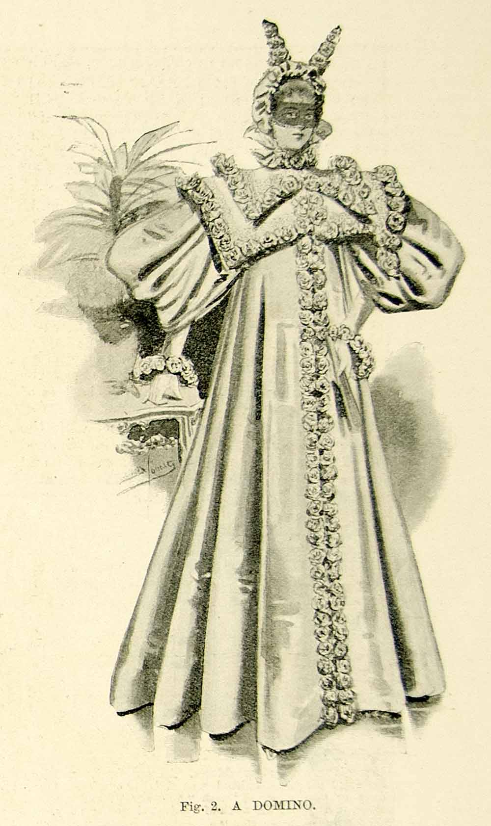 1895 Print Antique Victorian Masquerade Ball Costume Domino Costume Mask YTQ1