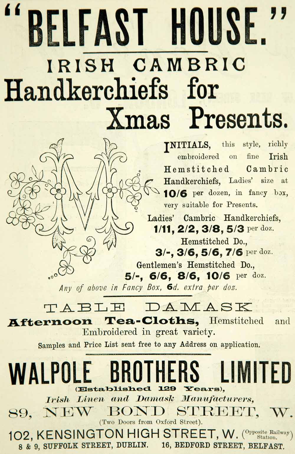 1895 Ad Antique Belfast House Irish Cambric Handkerchiefs Monogram YTQ1