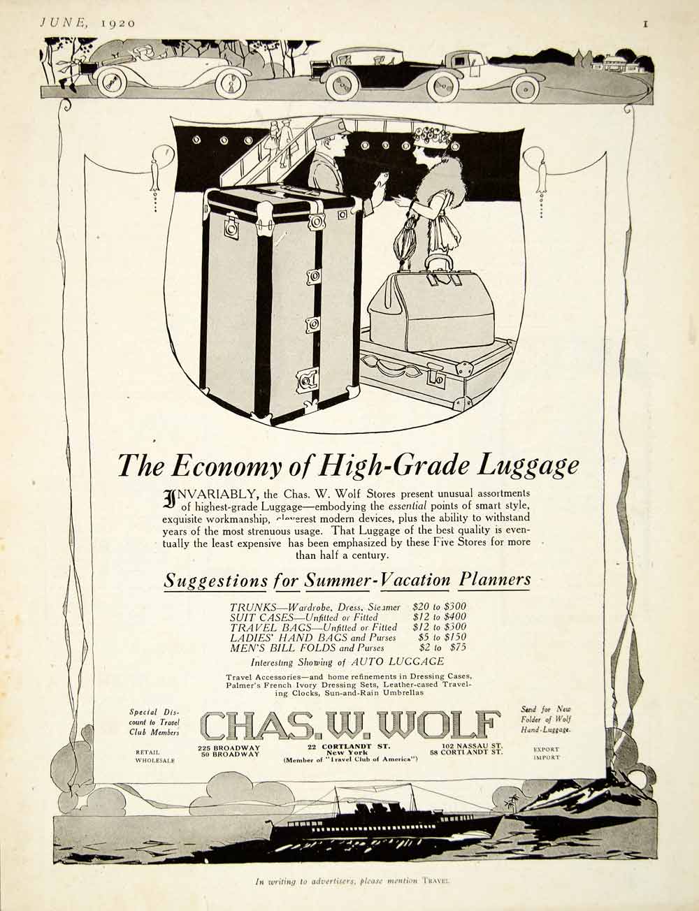 1920 Ad Chas W Wolf Luggage Trunk Chest Carry-All 22 Cortlandt St New York YTR1