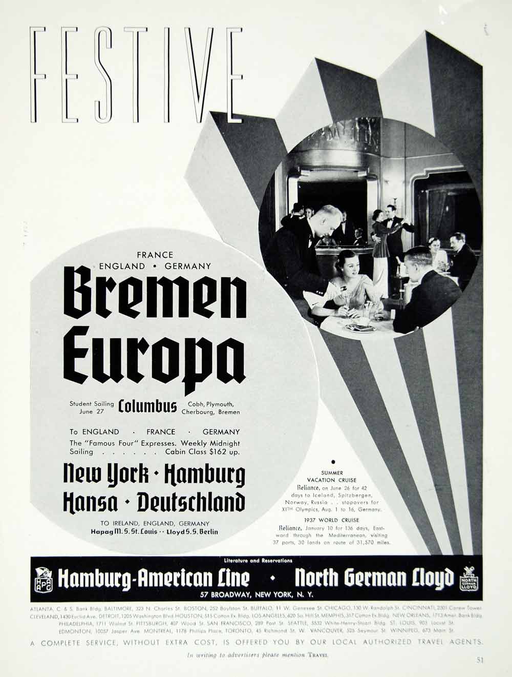1936 Ad Bremen Europa Hamburg-American Line North German Lloyd Cruise YTR1