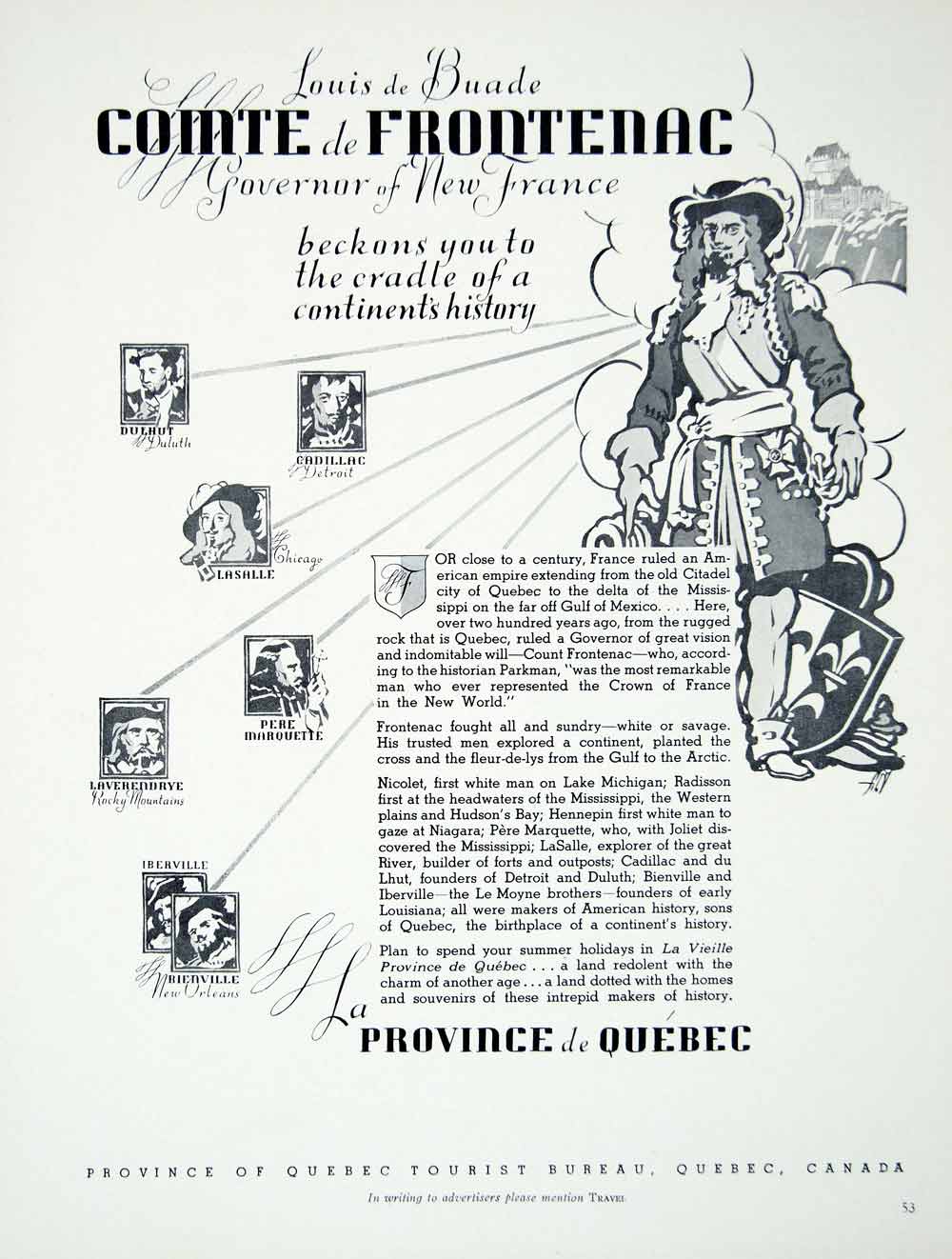 1937 Ad Comte Frontenac Province Quebec Canada Historic Figures Explorers YTR1