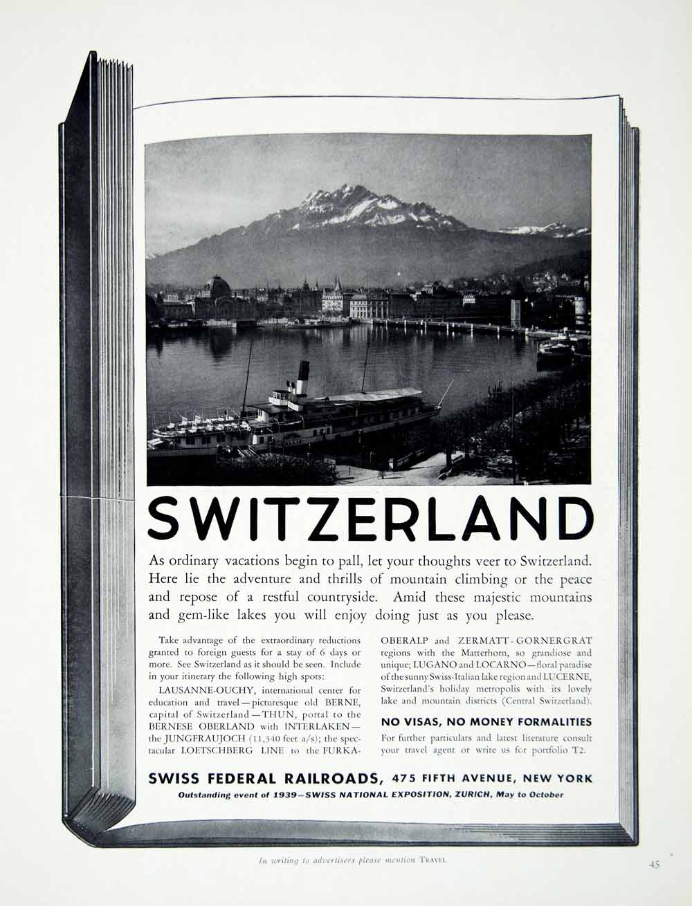 1938 Ad Swiss Federal Railroads 475 Fifth Avenue Switzerland Alps Steamship YTR1