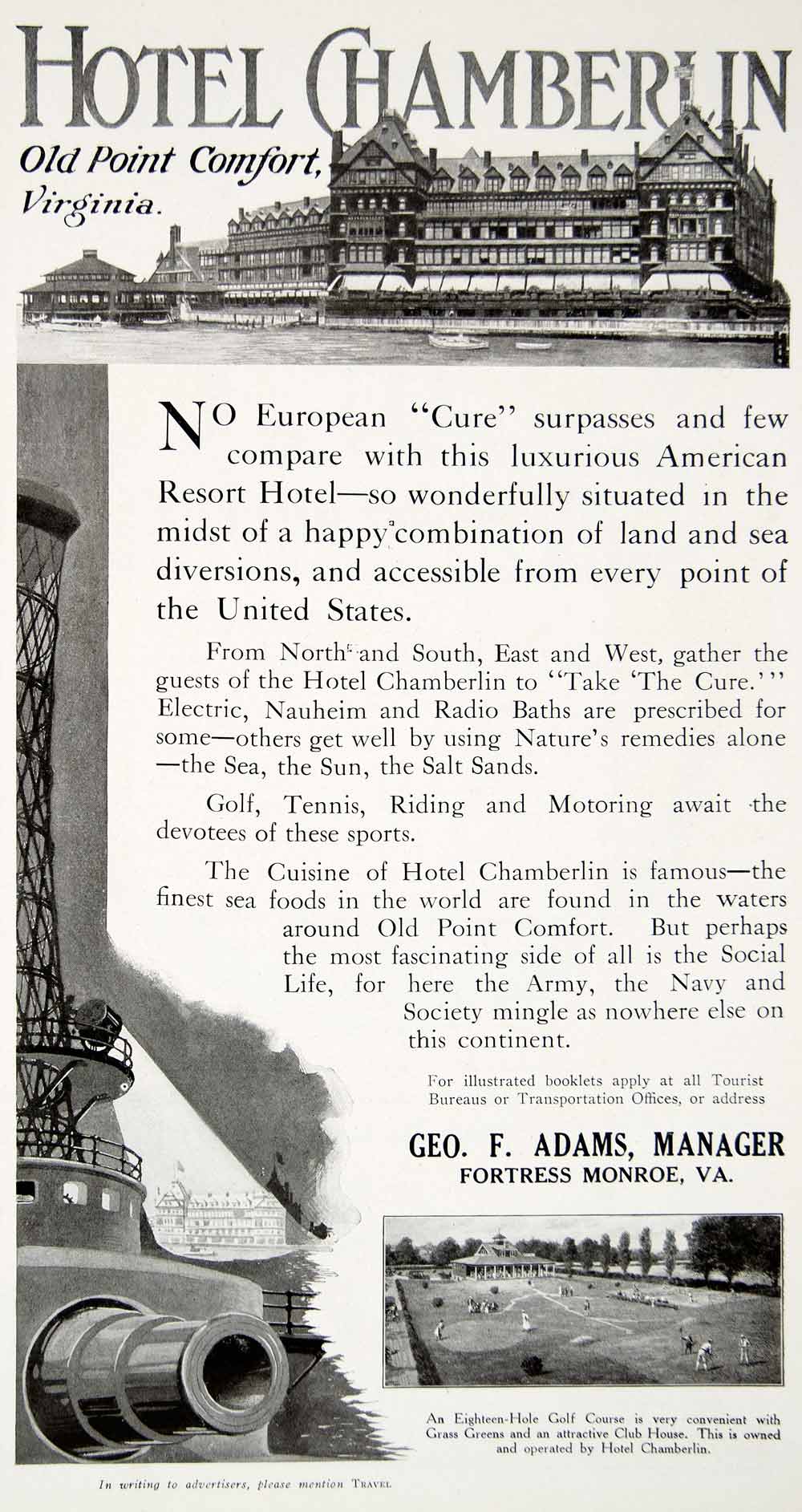 1917 Ad Hotel Chamberlin George Adams Fortress Monrow Golf Course Lodging YTR1