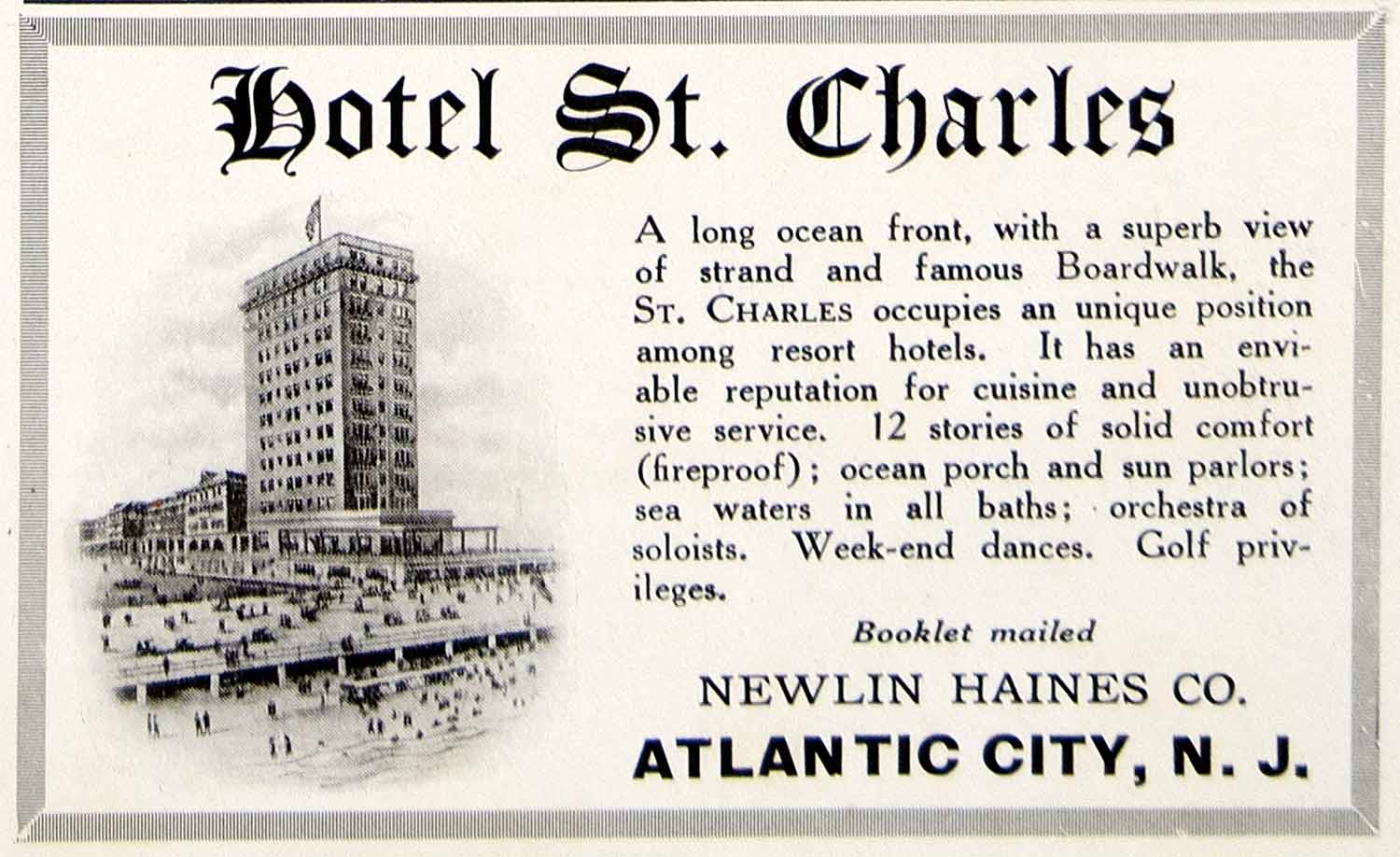 1917 Ad Hotel St. Charles Newlin Haines Atlantic City Lodging Resort YTR1